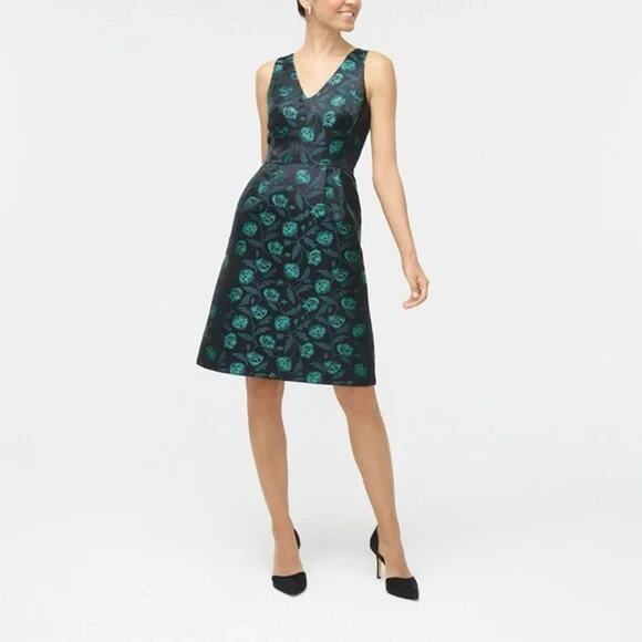 J.Crew Jacquard V-neck cocktail dress in Emmy Poppy black green SZ 6 - Picture 1 of 3